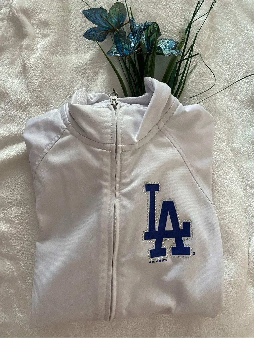 LOS ANGELES DOCKERS Logo White Varsity Jacket with Blue & Gray Stripes. Size XS